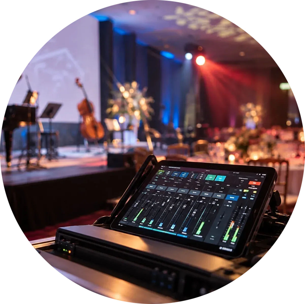 Console de mixage numérique devant une salle de gala