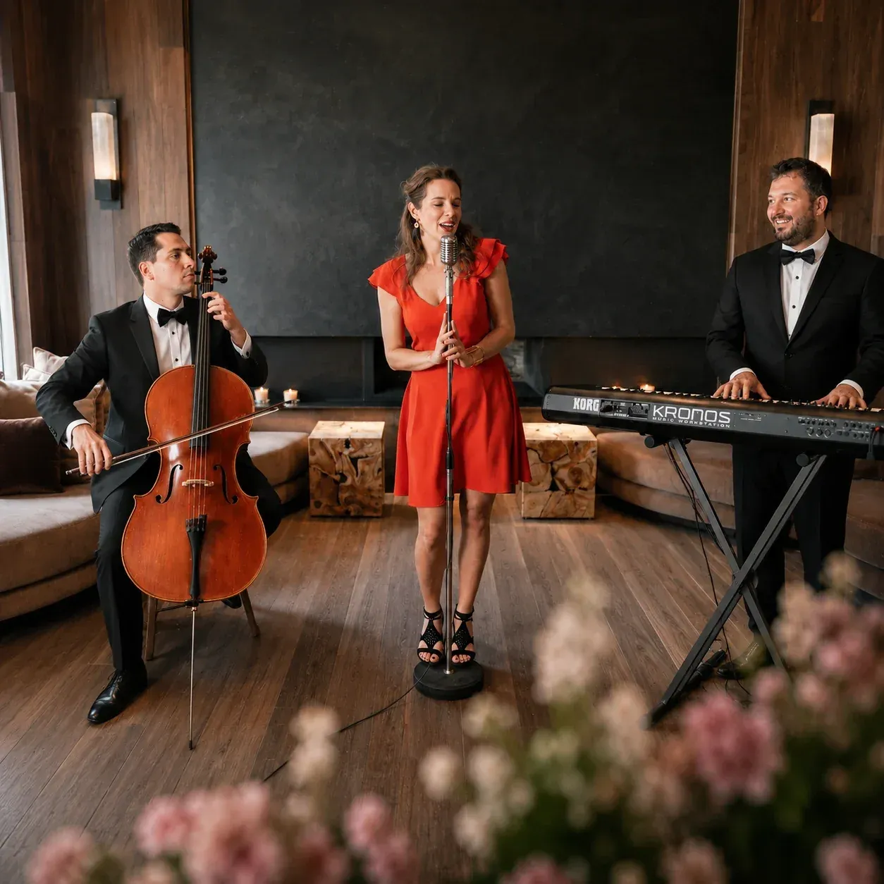 Natacha Milan en robe rouge entre Ivan Tupinier au violoncelle et Benjamin Dupré au piano
